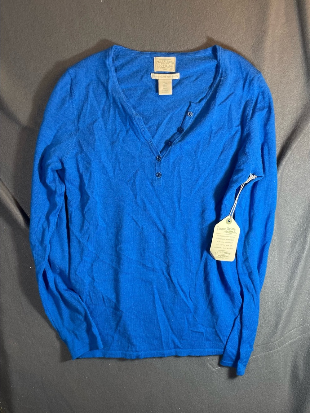 NWT Telluride Clothing Co 100% Extrafine Merino Wool Henley Sweater- Small Blue